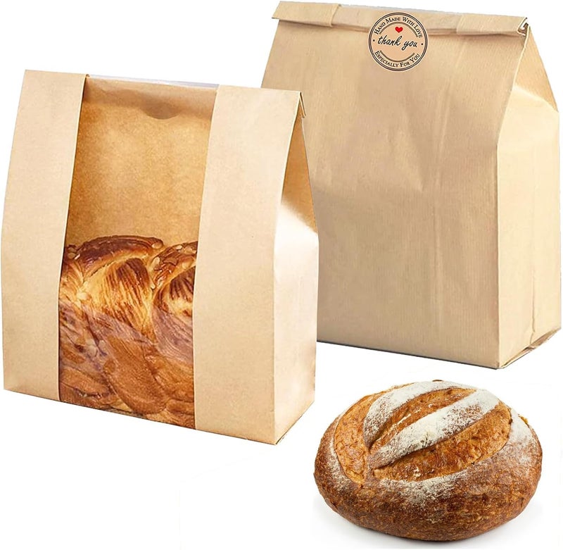 UDAREIT 10 Pack Large Paper Bread Bags for Homemade Sourdough Loaves Bread Bags with Window for Homemade Bread Gift Giving, Sourdough Bread Packaging Storage with Label Seal Stickers(13.7x8.2x3.5 inch) - Image 1